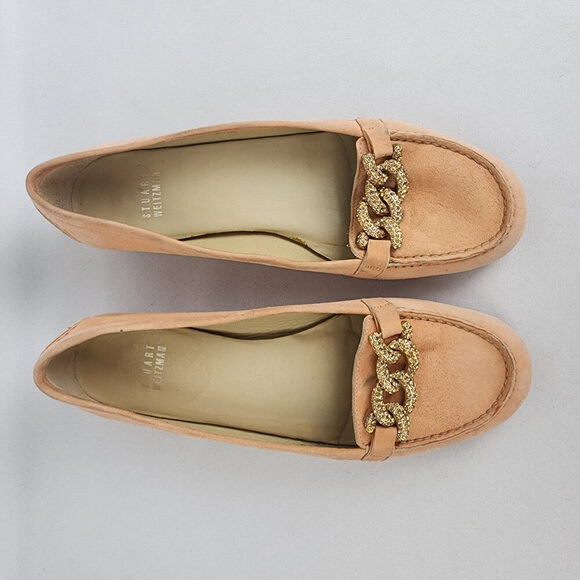 Stuart Weitzman Peach Suede Gold Chain Loafers Size 6.5 - Picture 3 of 13